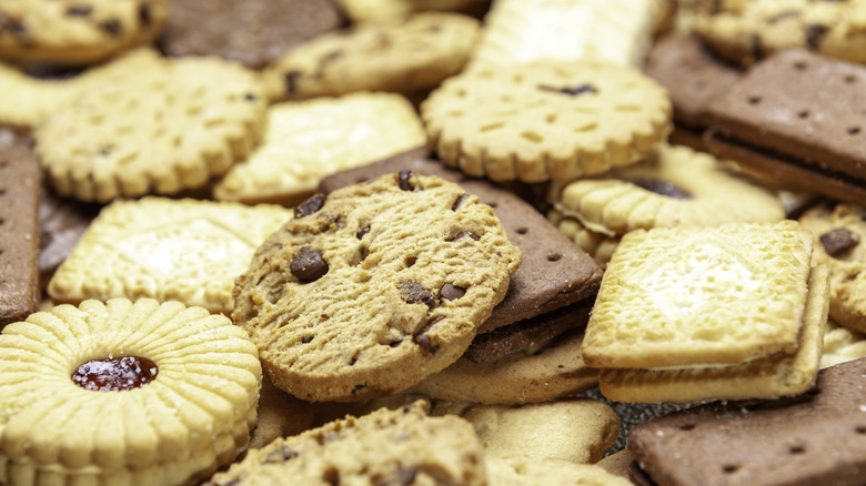 Assorted tea cookies in a pile.