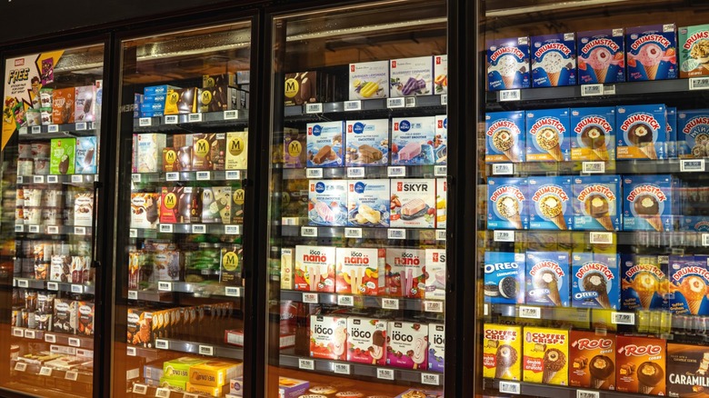 The ice cream aisle at a supermarket.