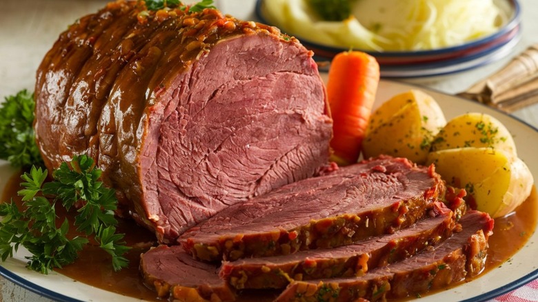 Pot roast on plate with vegetables