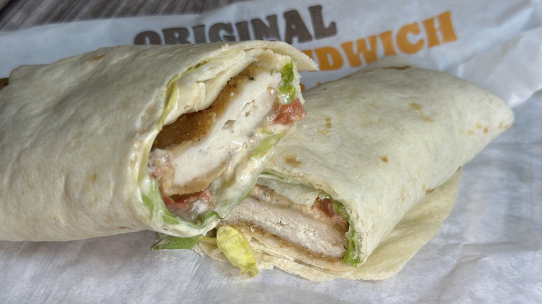 BK Original Classic Wrap cut in half to reveal cross-section.