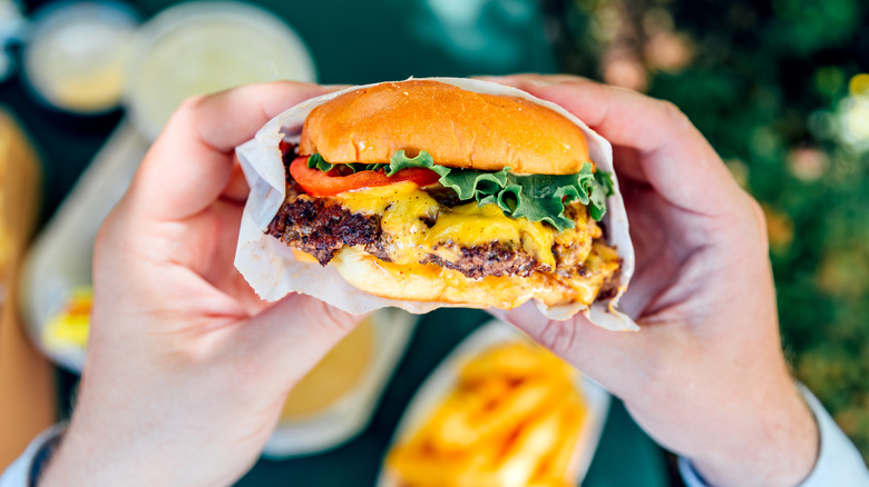 A person holding a cheeseburger with lettuce and tomatoes with two hands