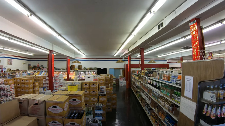 stacks of boxes and shelves of beverages inside Galco's Old World Grocery