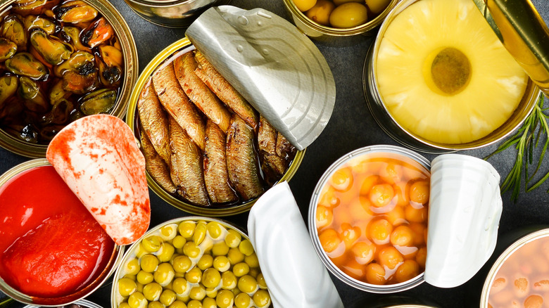 Top view of assorted canned foods