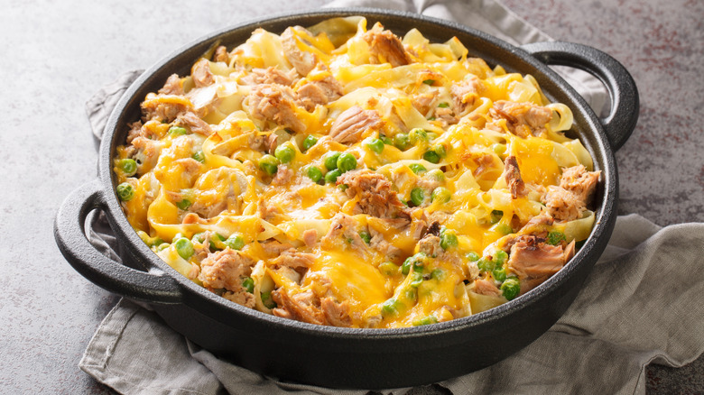 Skillet of cheesy tuna noodle casserole