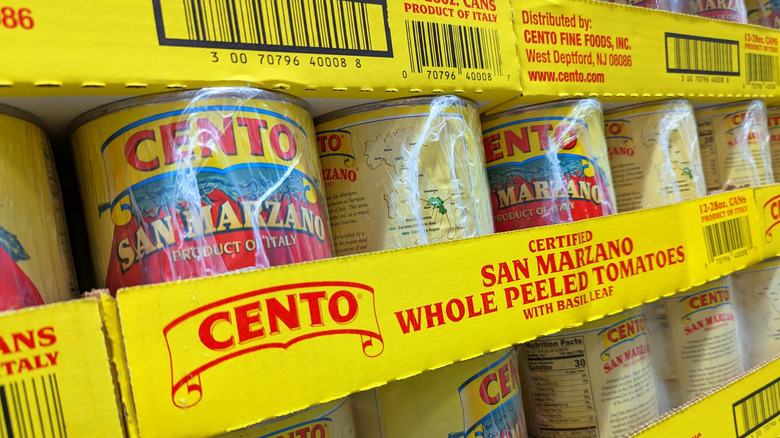 Cans of San Marzano tomatoes close up