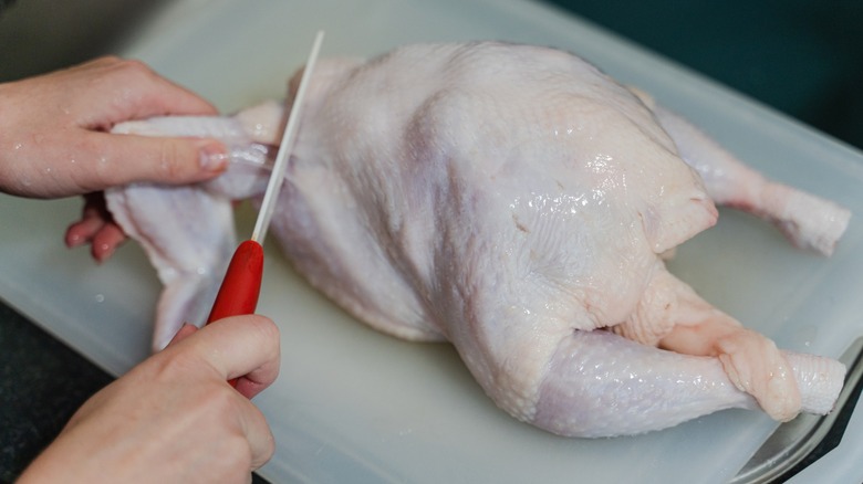 Person cutting raw chicken on cutting board