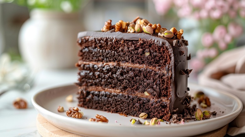 Slice of chocolate cake with various nuts on top