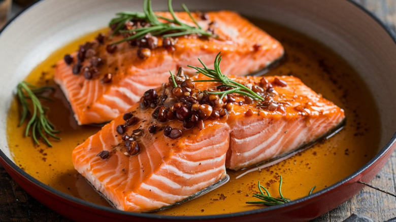 Two pieces of cooked salmon cooking in a pan sprinkled with fresh rosemary
