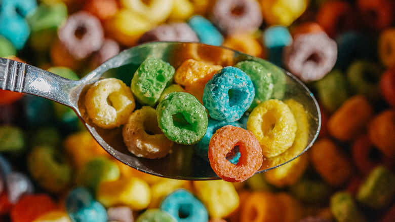 Spoonful of rainbow cereal.