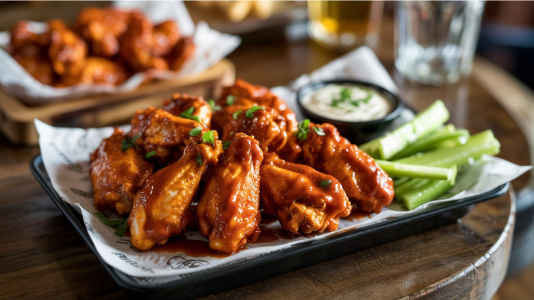A plate of buffalo chicken wings served with celery and a cup of dressing on a wooden table.