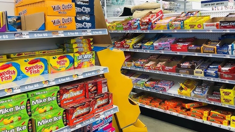 Two aisles of boxed candy at Five Below