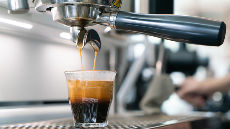 Potafilter of espresso machine with espresso pouring out into a shot glass