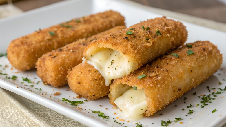 homemade mozzarella sticks on a white plate
