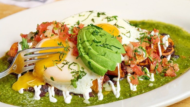 Egg on green sauce with avocado
