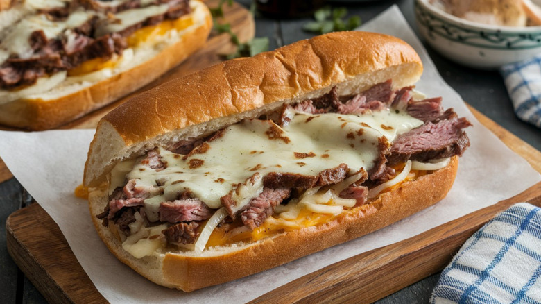 A Philly Cheesesteak on a piece of paper with a wooden block underneath it
