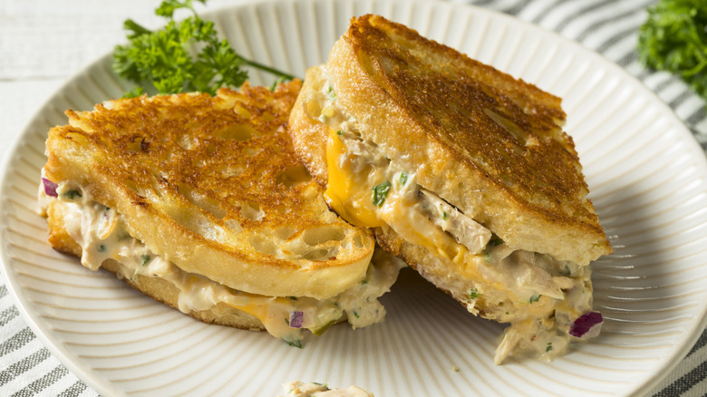 Tuna melt cut in half on a white plate