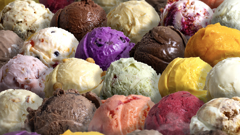 Scoops of different ice cream all lined up together