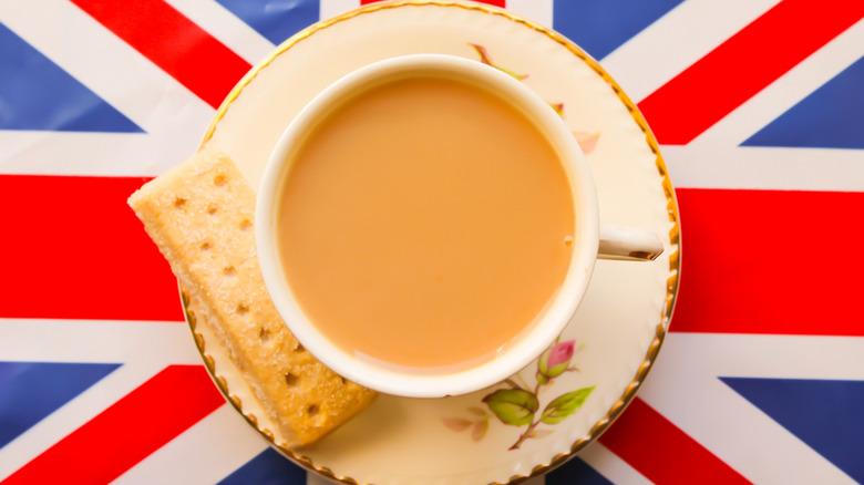 a cup of tea and biscuit on a Union Jack
