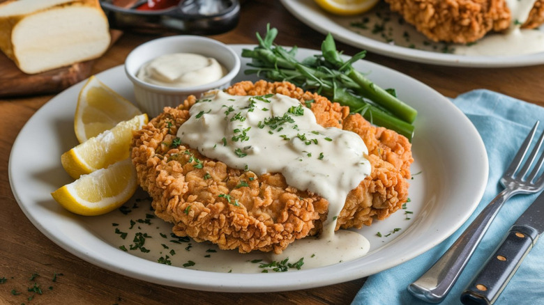 Chicken-fried steak plated with creamy gravy
