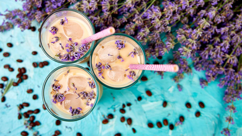 Aerial view of three iced coffee drinks with straws surrounded by lavender and coffee beans.