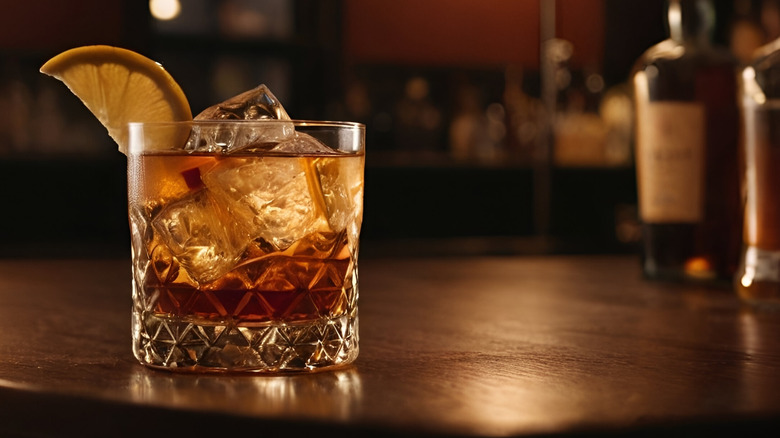 An Old Fashioned whiskey cocktail with an orange slice hanging off the side of the glass.