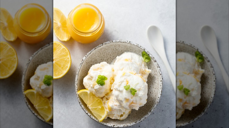 Bowl of vanilla and lemon curd ice cream with fresh mint