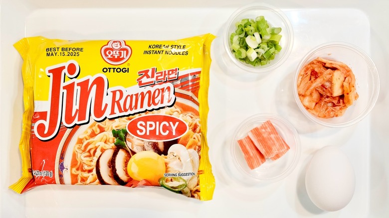 A tray of ramen noodles and ingredients at Hangang Ramen