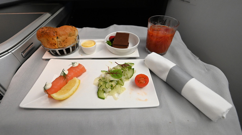 A gourmet meal served to business class travelers on a Japanese flight