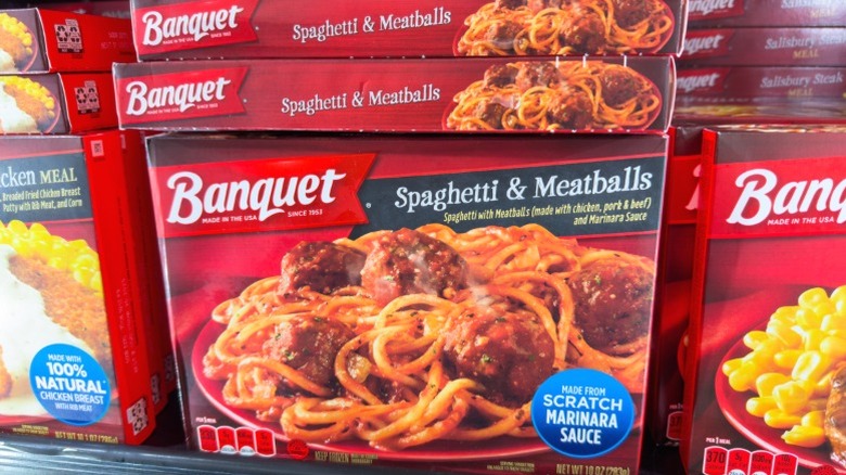 Packages of Banquet Spaghetti & Meatballs.