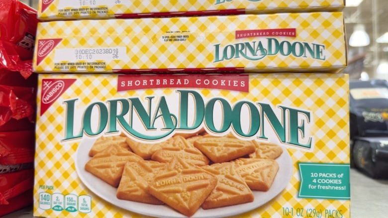 Boxes of Lorna Doone shortbread cookies on a shelf.