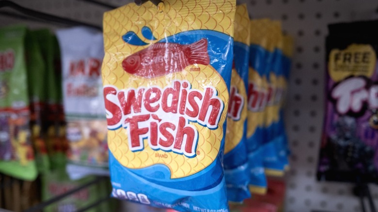 A bag of red Swedish Fish for sale.