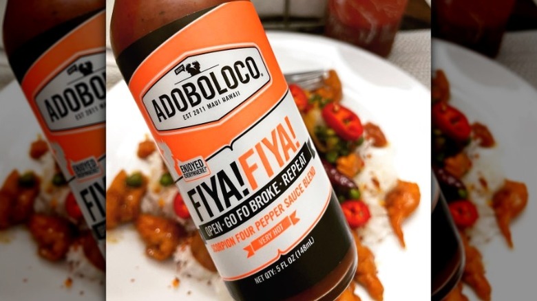 A bottle of Adoboloco Fiya! Fiya! Hot Sauce.