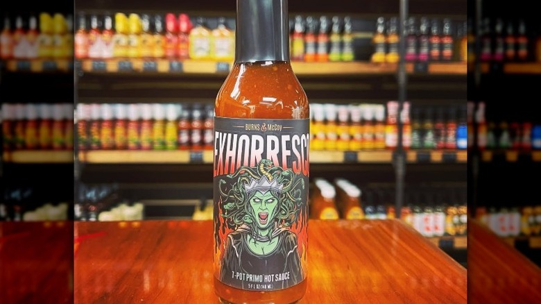 A bottle of Burns & McCoy Exhorresco hot sauce.