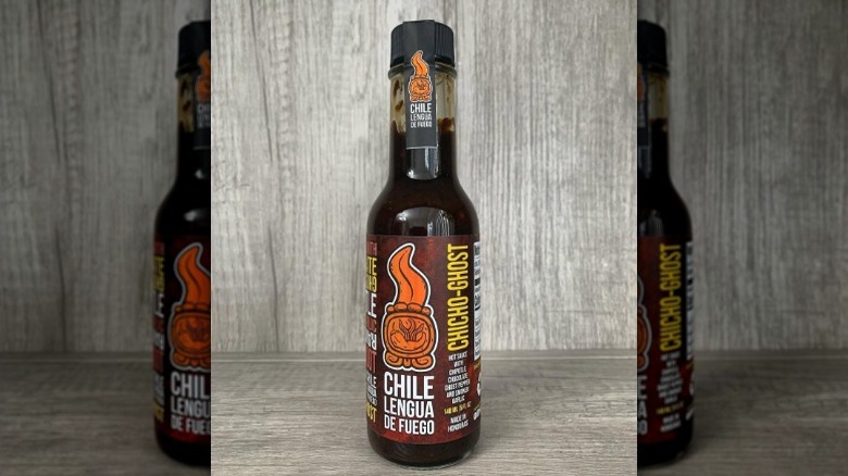 A bottle of Chile Lengua de Fuego Chicho-Ghost Hot Sauce.