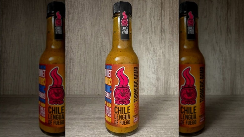 A bottle of Chile Lengua De Fuego Turmeric Bomb Hot Sauce.