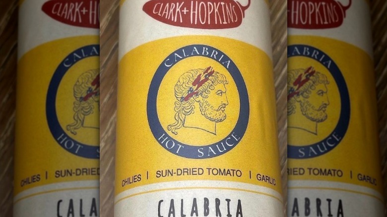 The label of a bottle of Clark & Hopkins Calabria Hot Sauce.