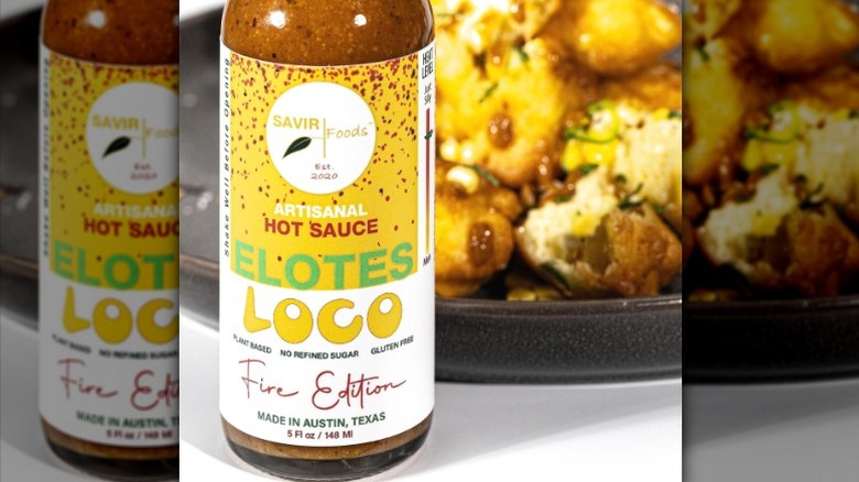 A bottle of Elotes Loco Fire Edition Hot Sauce.