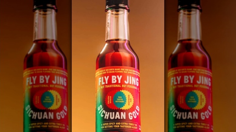 A bottle of Fly By Jing Sichuan Gold Hot Sauce.