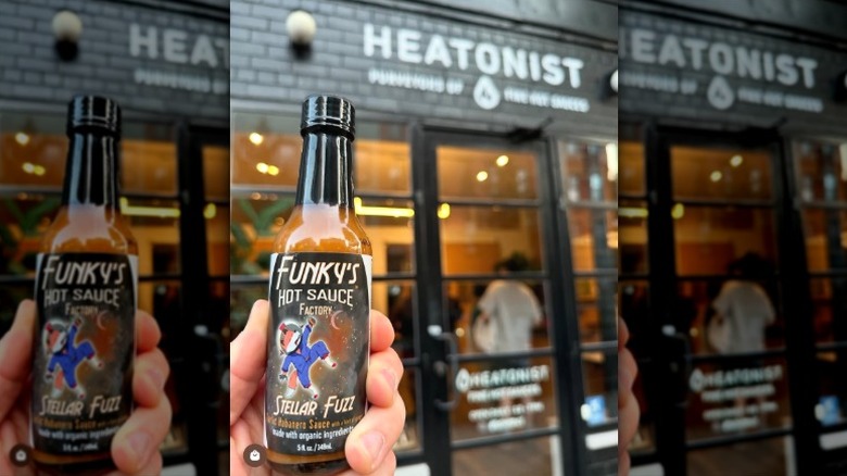 A bottle of Funky's Stellar Fuzz Hot Sauce outside the Heatonist headquarters.