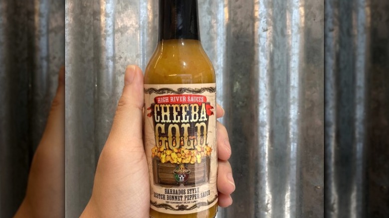 A bottle of High River Sauces Cheeba Gold Hot Sauce.