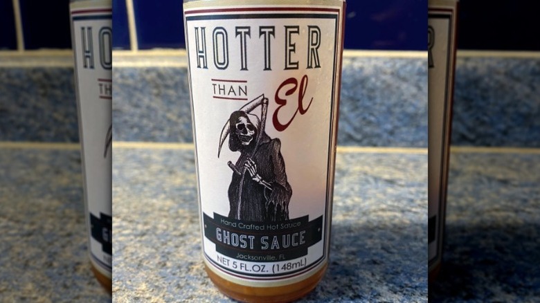 A bottle of Hotter Than El Ghost Sauce.