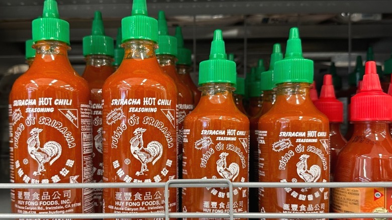 Bottles of Huy Fong sriracha sauce.