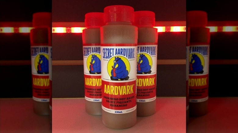 Bottles of Secret Aardvark Habanero Hot Sauce.