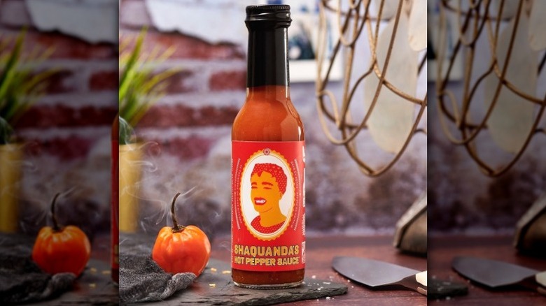 A bottle of Shaquanda's Hot Pepper Sauce.