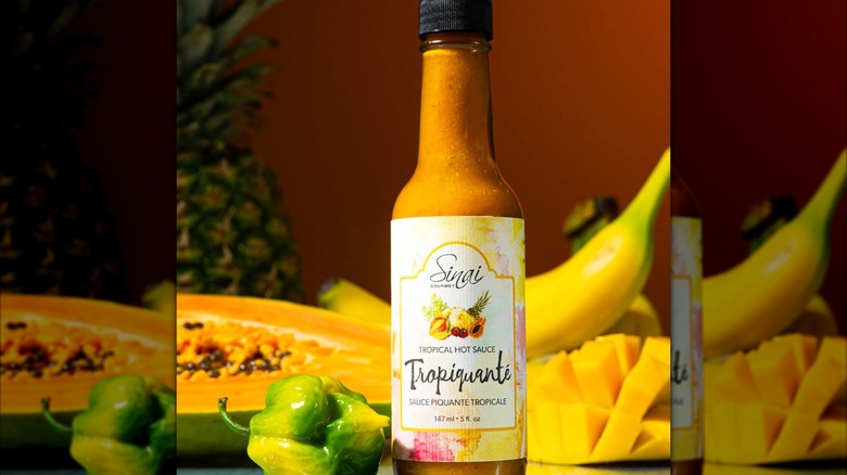 A bottle of Sinai Gourmet Tropiqante Hot Sauce.