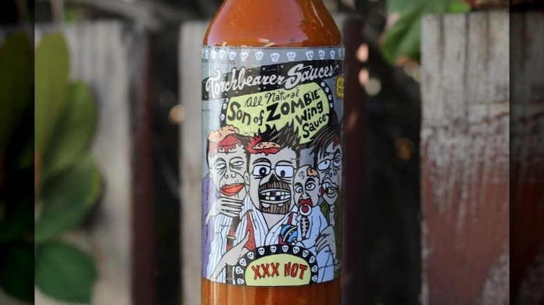 A bottle of Torchbearer Son of Zombie Wing Sauce.
