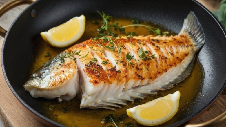 Sole cooking in a pan with lemon wedges