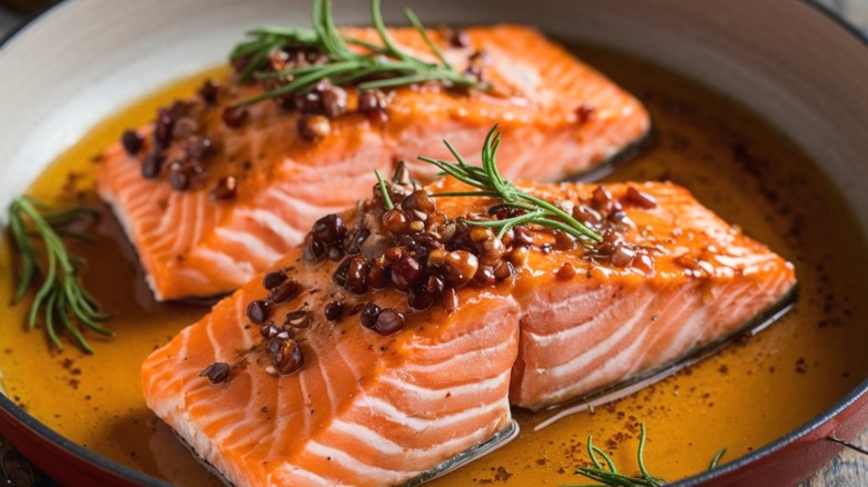 Two pieces of maple-glazed salmon in a dish