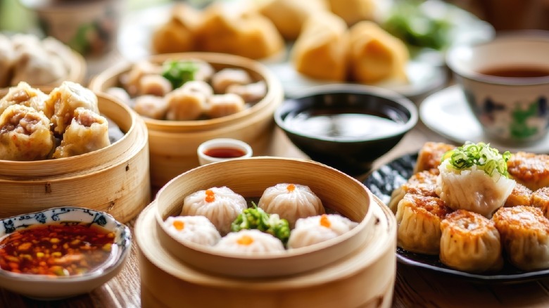 An assortment of dim sum dishes.