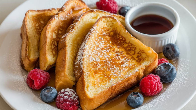 A plate of French toast garnished with powdered sugar, fresh berries, and a ramekin of syrup